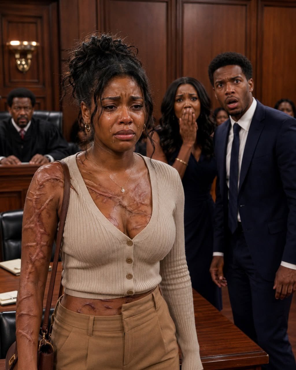 At our divorce hearing, my husband presented fake psych reports to steal my assets. “You’ll be starving on the street,” he laughed, holding his mistress’s hand. He thought I was just a broken, silent victim. I didn’t argue or cry. I calmly unbuttoned my silk blouse. When they saw what covering my chest and arms, the judge gasped. The entire courtroom went dead silent. “Your Honor,” I whispered, staring dead at my pale husband. “This is no longer a divorce hearing. This is the trial for every dark secret you believed would remain buried forever.” My husband’s smile turned into pure terror.